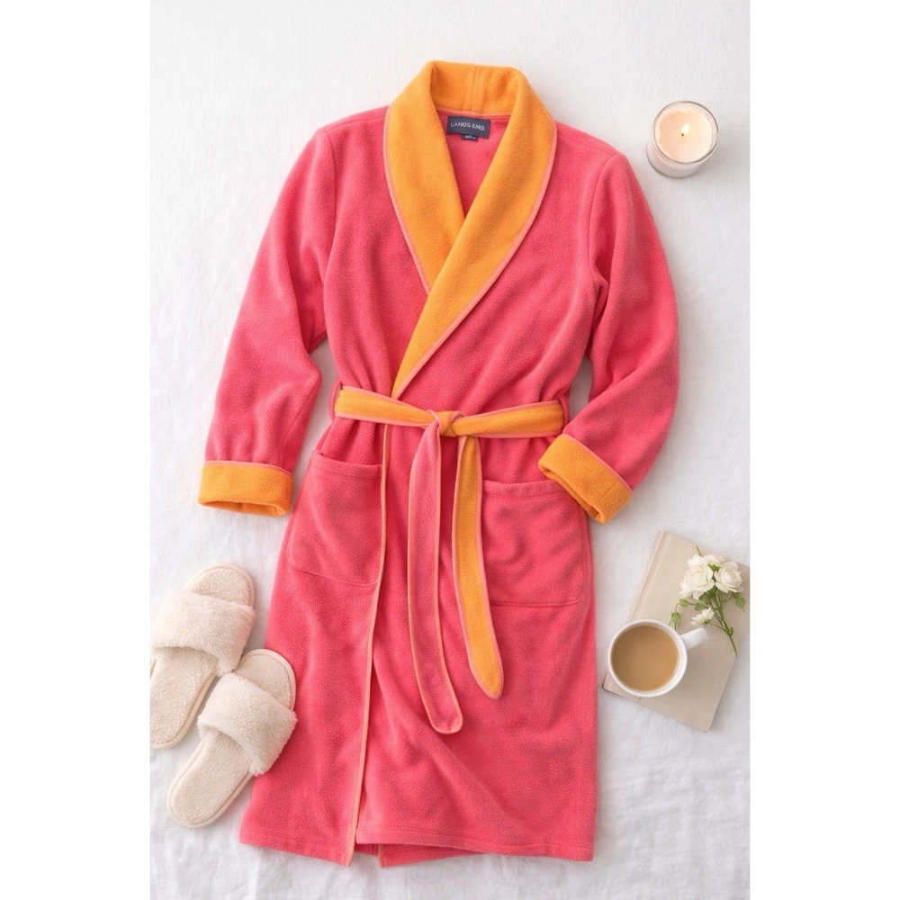 Lands End Womens Fleece Wrap Robe L 14-16 Pink Orange Colorblock Belted Cozy Spa